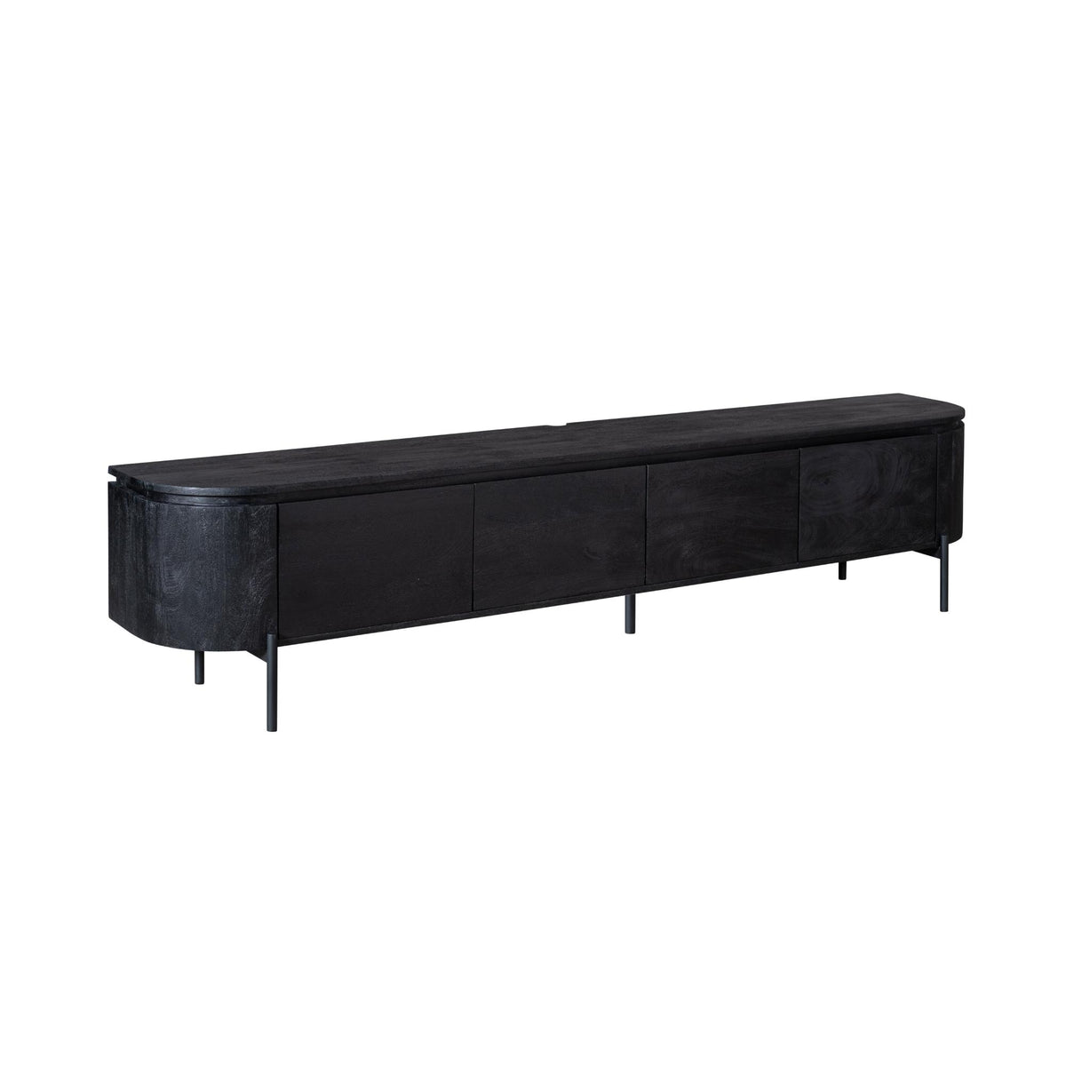 Zwart tv-meubel met afgeronde hoeken en 4 frontpanelen, op slanke pootjes.