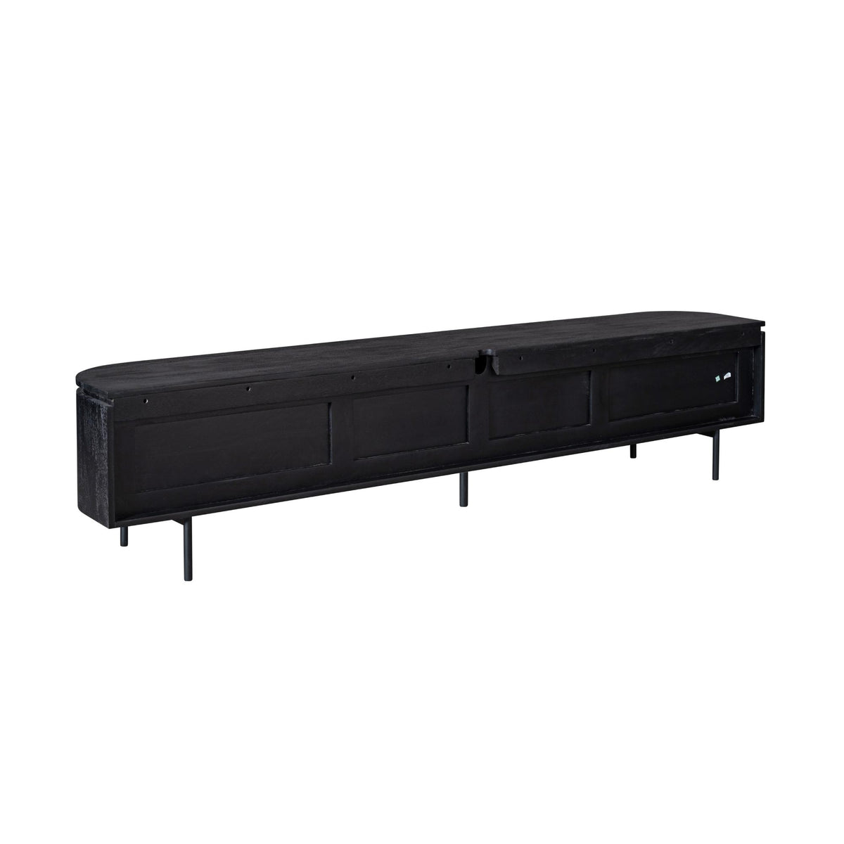 Zwart tv-meubel met lange frontpanelen en lage kastvorm, op pootjes.