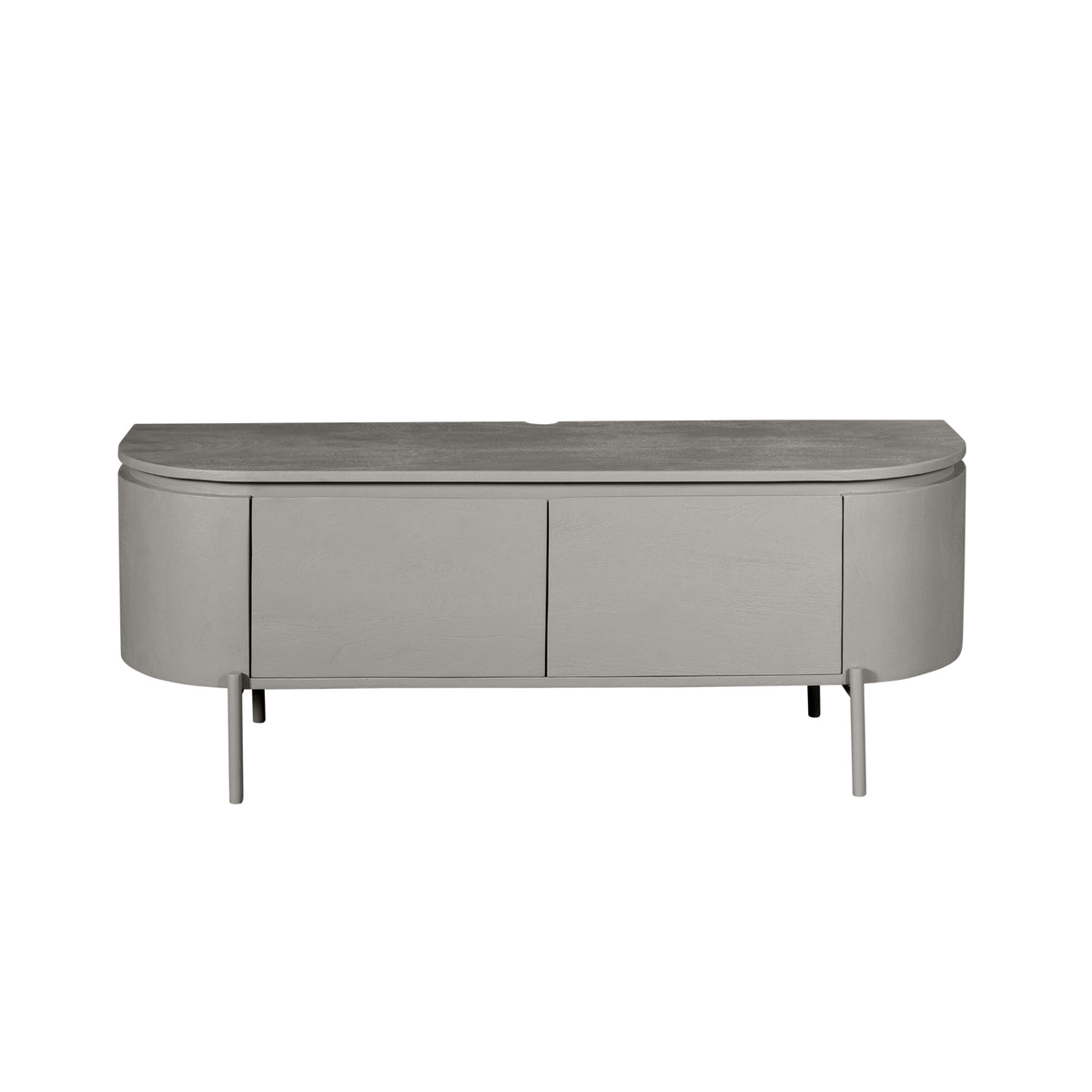 Tv-meubel in taupe met ronde hoeken, 2 deuren en 4 slanke poten.