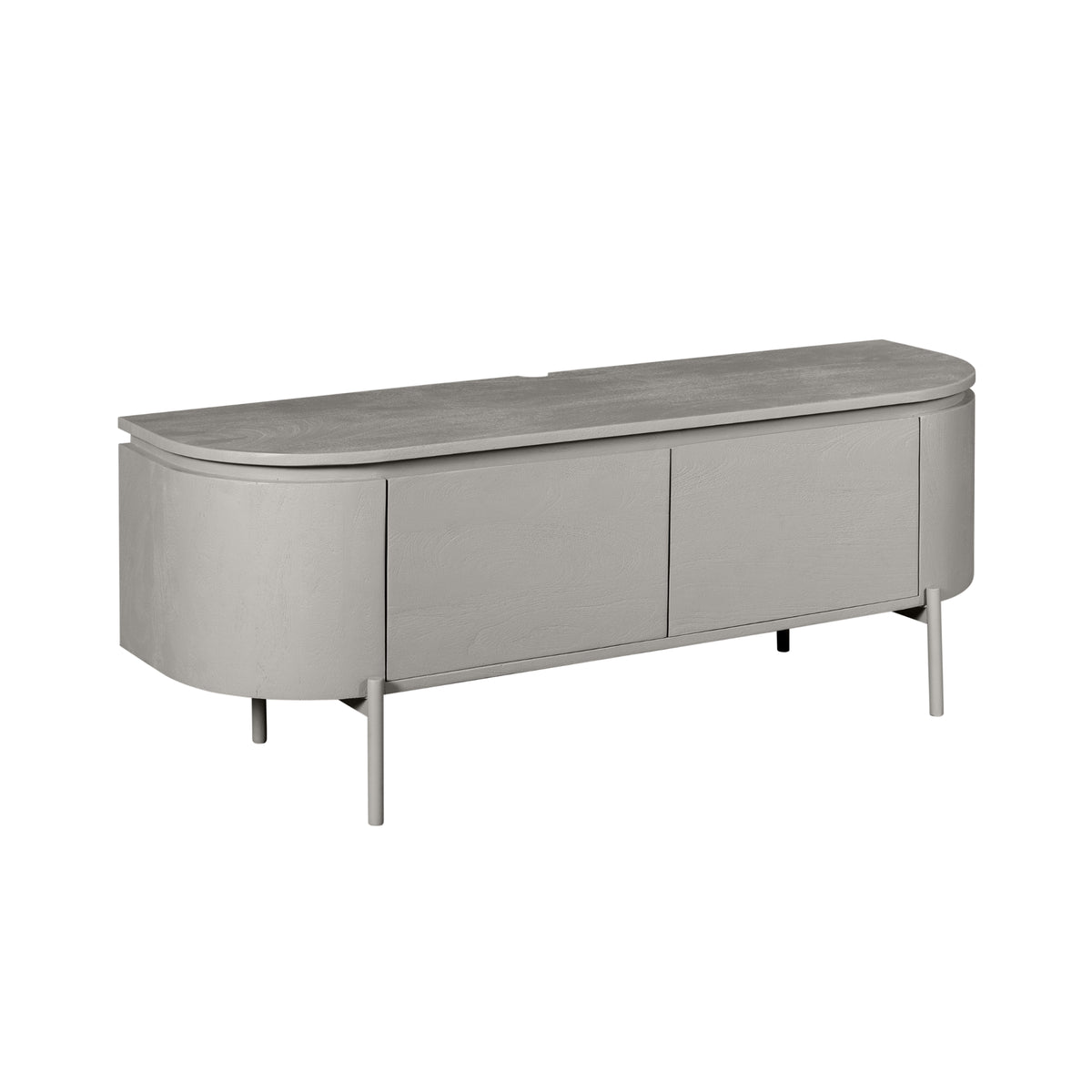 Tv-meubel taupe met lang ladefront, ronde vorm en slanke poten.