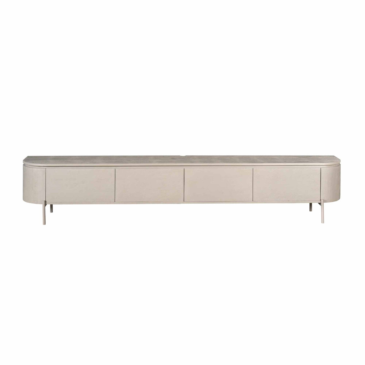 Tv-meubel taupe met afgeronde hoeken, vier deurtjes en smalle middenstijl