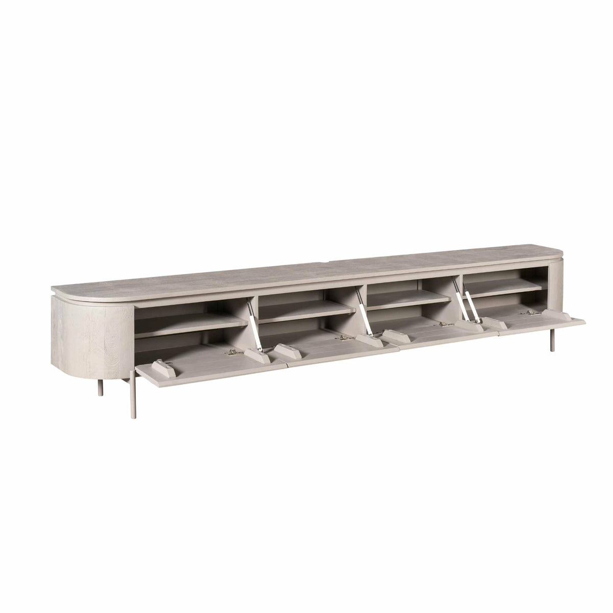 Taupe tv-meubel met open vakken en legplanken binnenin.