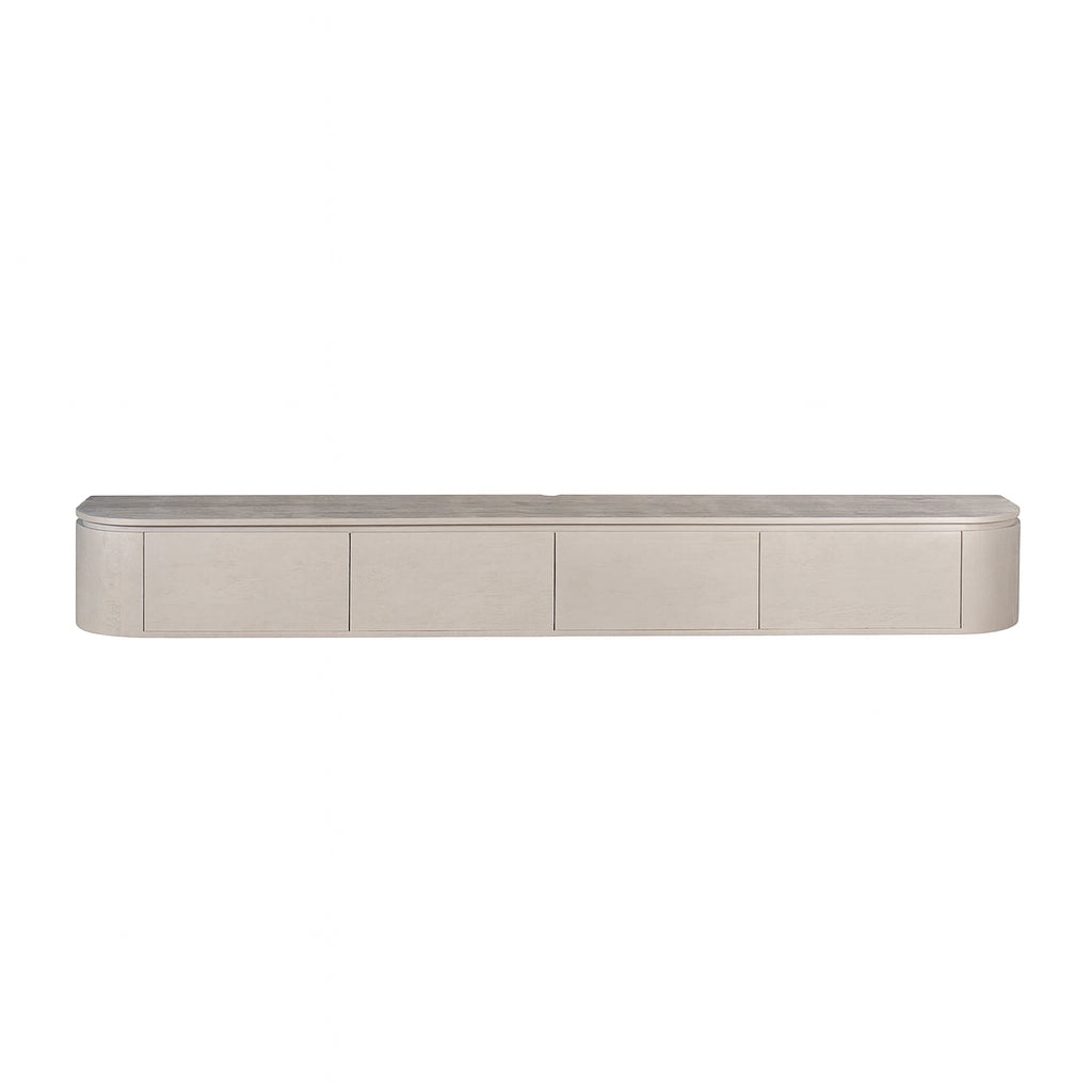 Excellent tv-meubel in taupe met vier frontpanelen en afgeronde vorm, op smalle poten