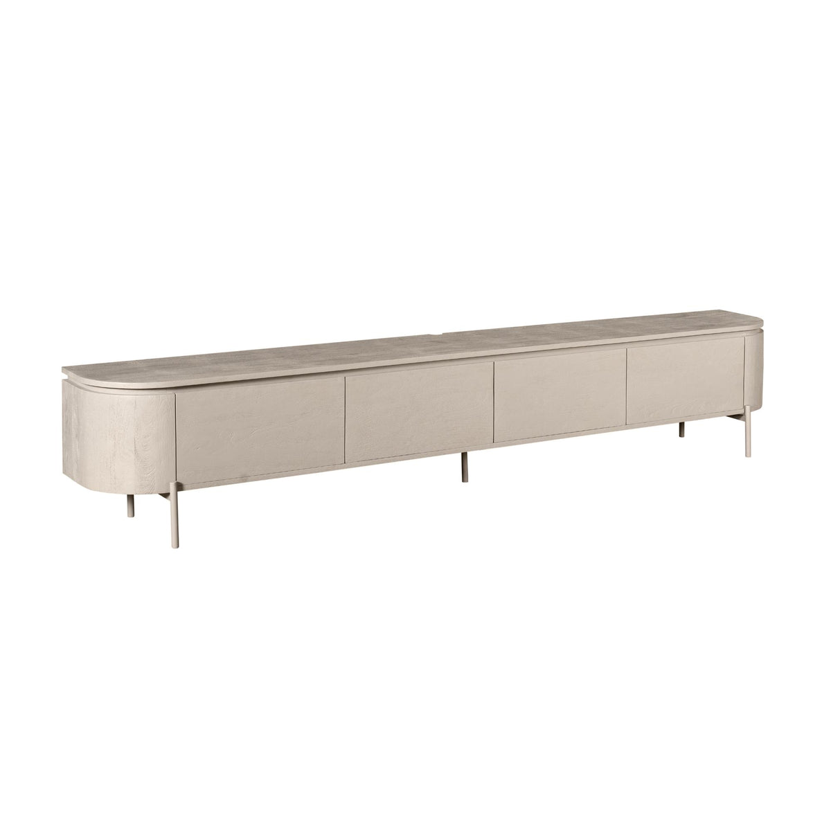 Excellent tv-meubel taupe met vier frontpanelen en afgeronde zijkant, schuin zijaanzicht