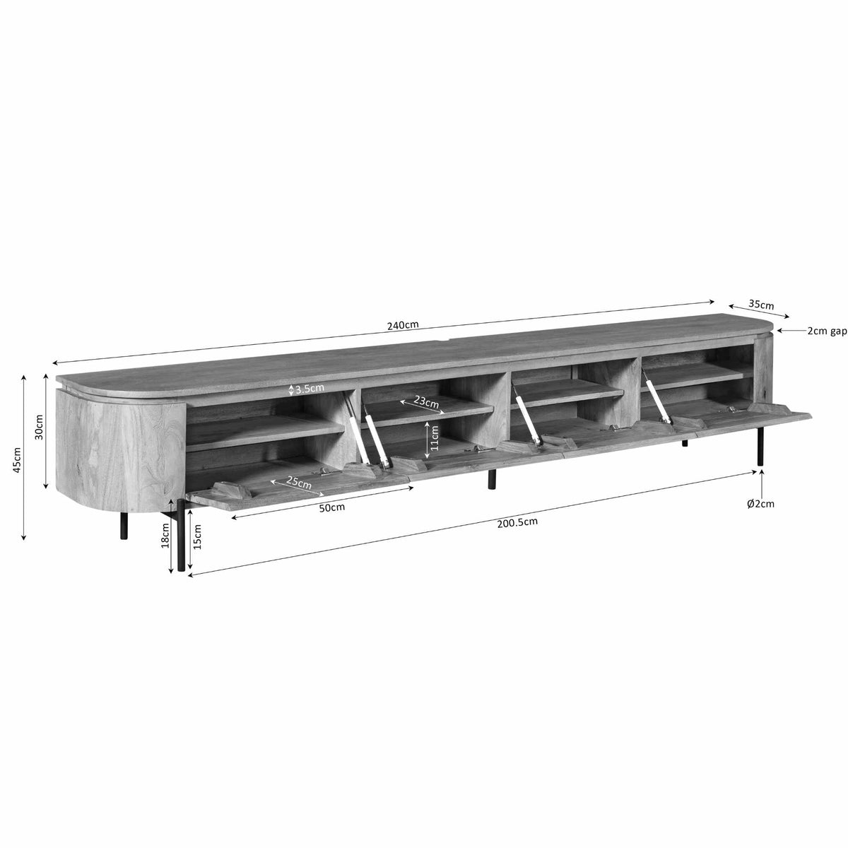 Taupe tv-meubel: 240 cm lang, 45 cm hoog en 35 cm diep