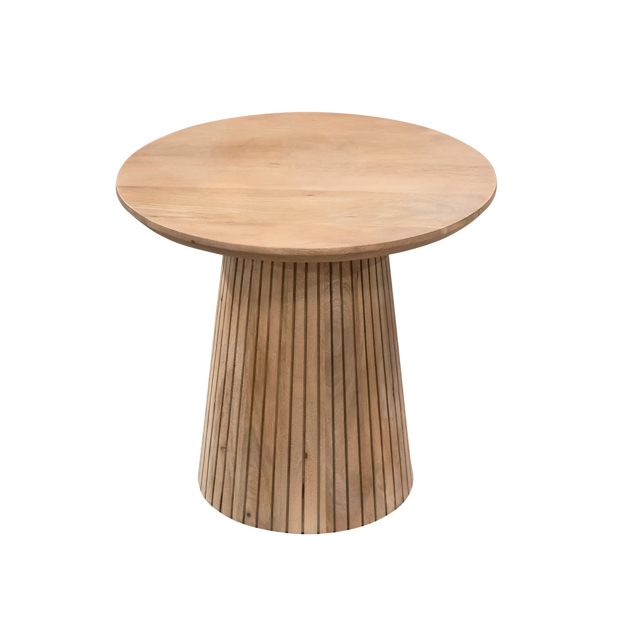Ronde salontafel van hout in naturel met glad rond blad en geribbelde poot