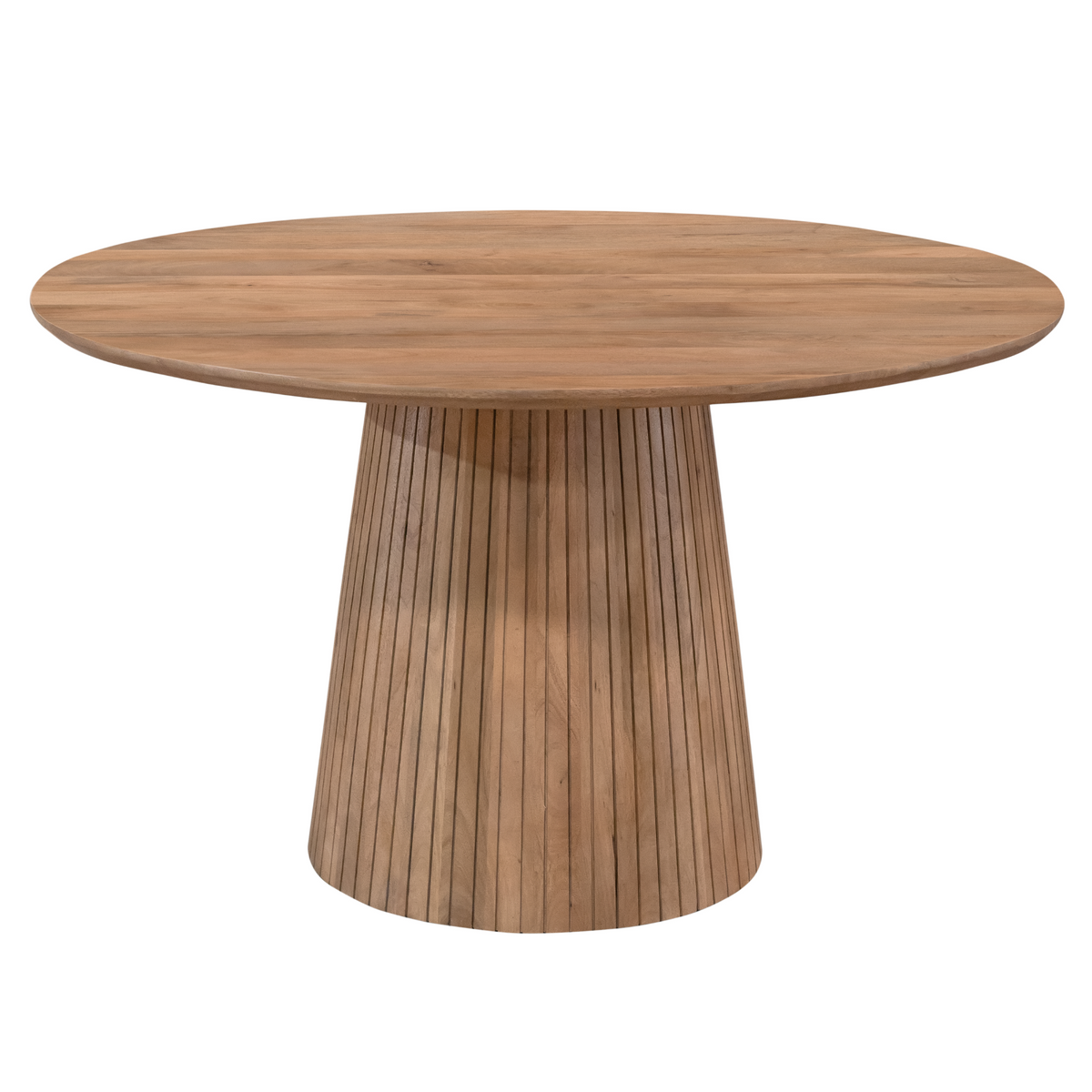 Ronde eettafel met naturel rond tafelblad en conische ribbelpoot, studioaanzicht