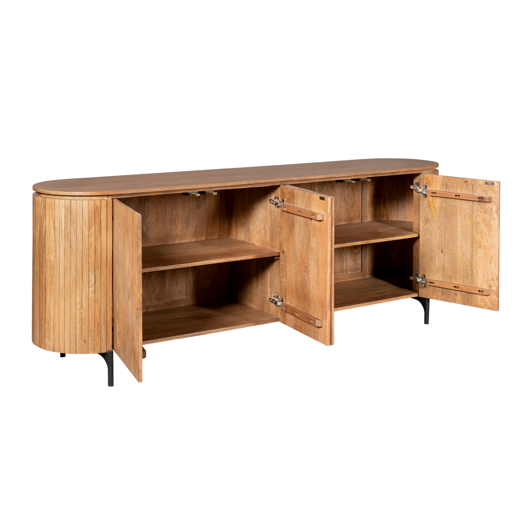 Dressoir met open deuren, naturel hout, metalen scharnieren en pootjes