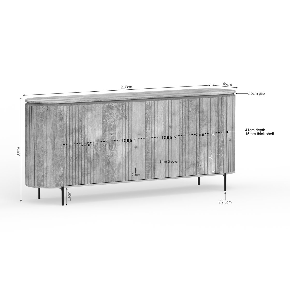 Dressoir met verticale houtlatten, naturel hout, technische weergave met maten