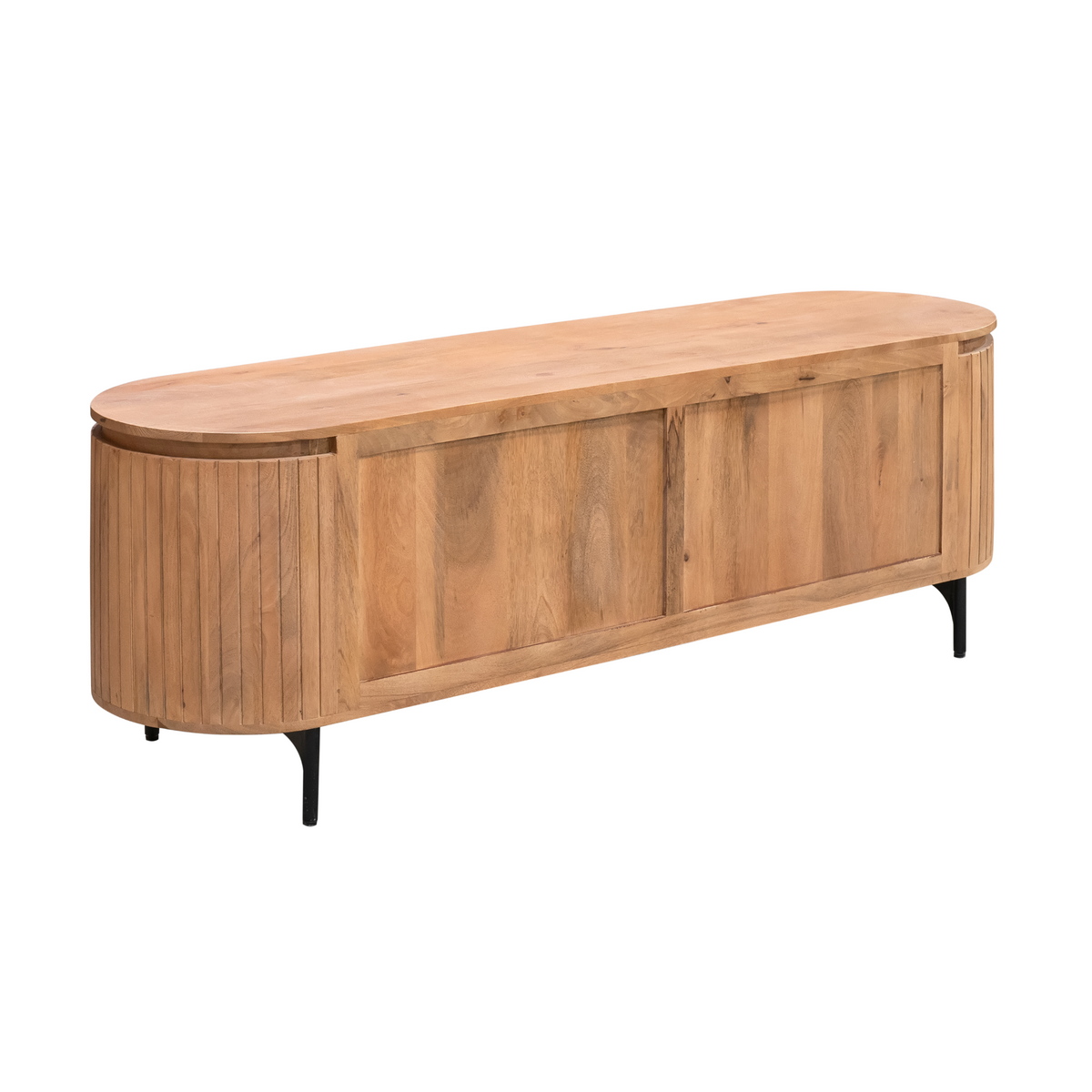 Tv-meubel van naturel hout met ronde hoeken, twee deurpanelen en zwarte pootjes