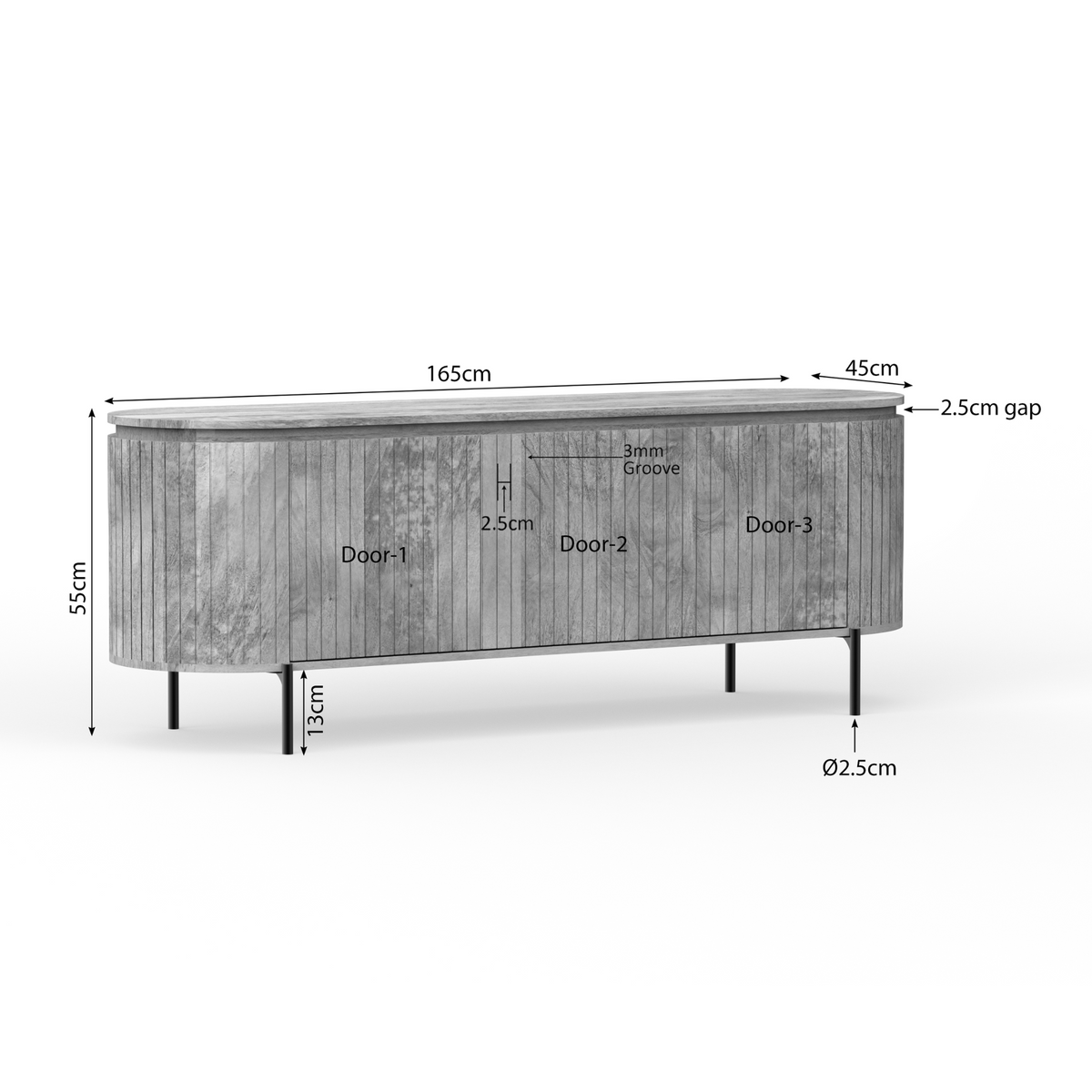 Maattekening tv-meubel: 165 cm breed, 45 cm diep, 55 cm hoog