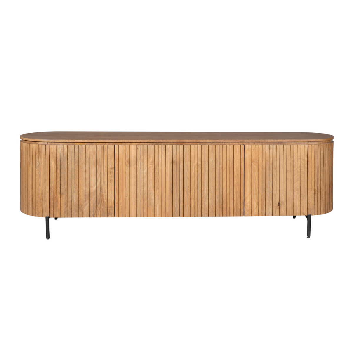 Tv-meubel naturel hout met 4 deuren en zwarte pootjes, ronde vorm.