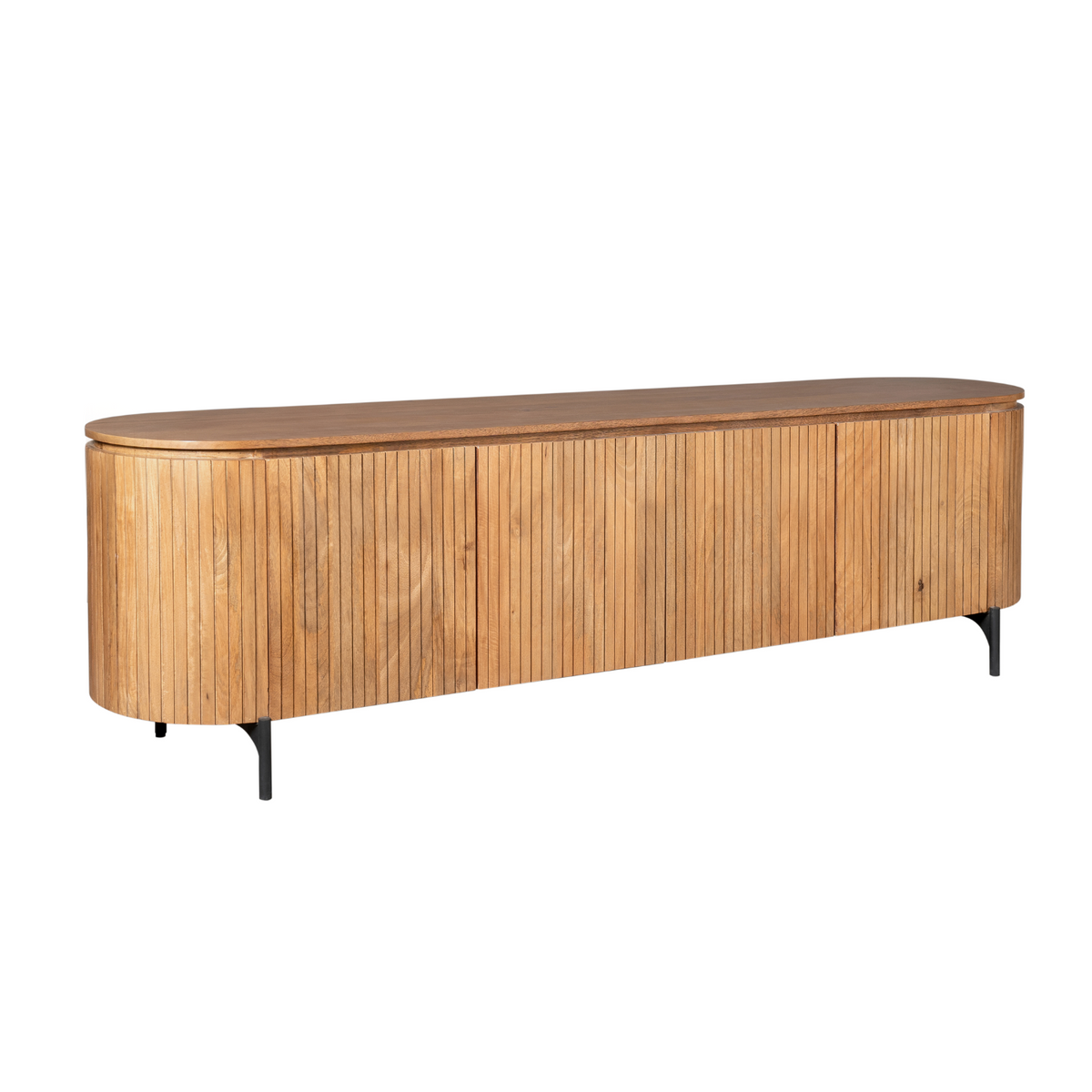 Tv-meubel naturel hout met 4 deuren, schuine zijrand en zwarte pootjes.