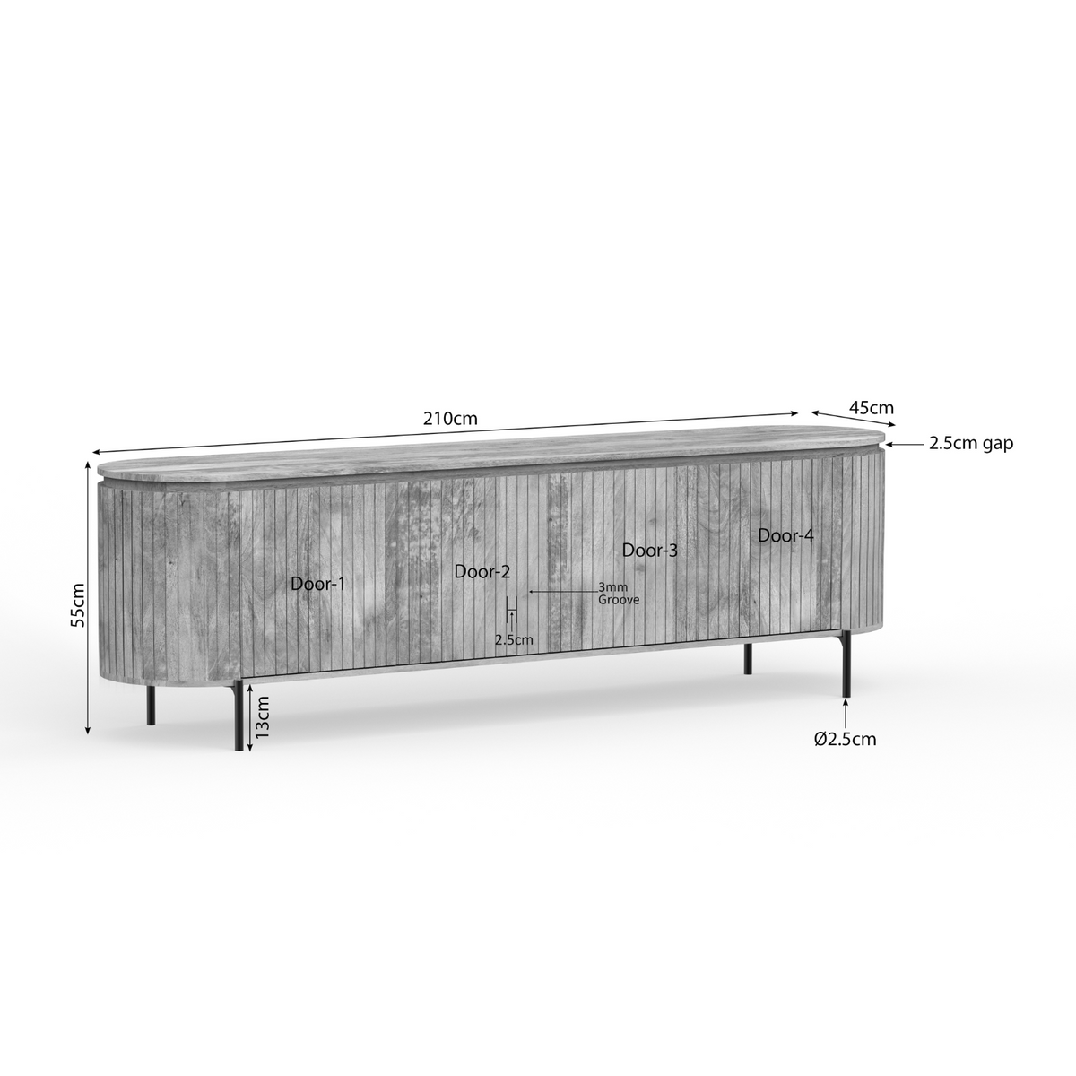 Tv-meubel met afmetingen 210×55×45 cm en 4 deuren.
