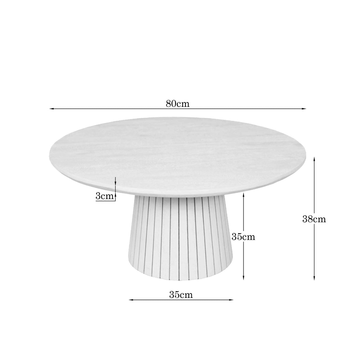 Ronde salontafel van mangohout: 80 cm diameter, 38 cm hoog, verticale ribben op poot