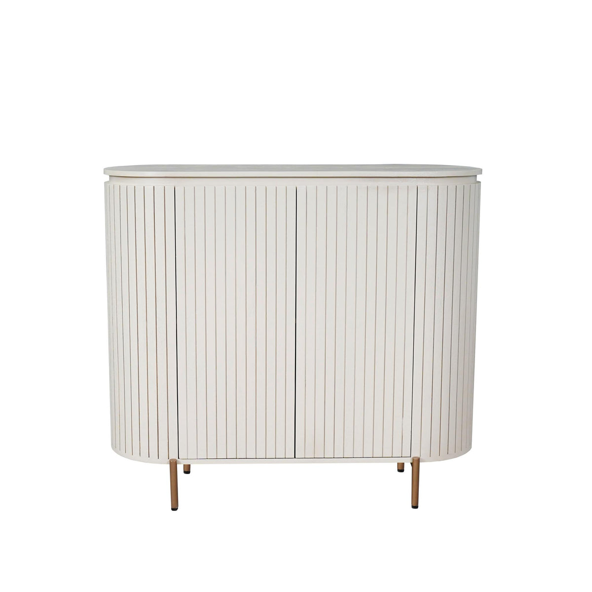 Ronde kast met verticale ribbelpanelen, zandkleur, twee deuren en houten pootjes.