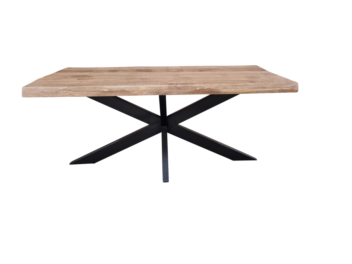 Boomstamtafel met rechthoekig houtblad en zwart X-pootonderstel