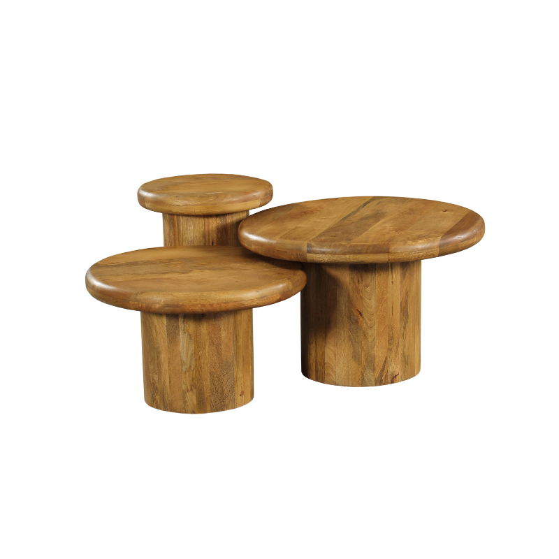 Set van 3 ronde houten salontafels met gladde bladen en korte cilindrische poten