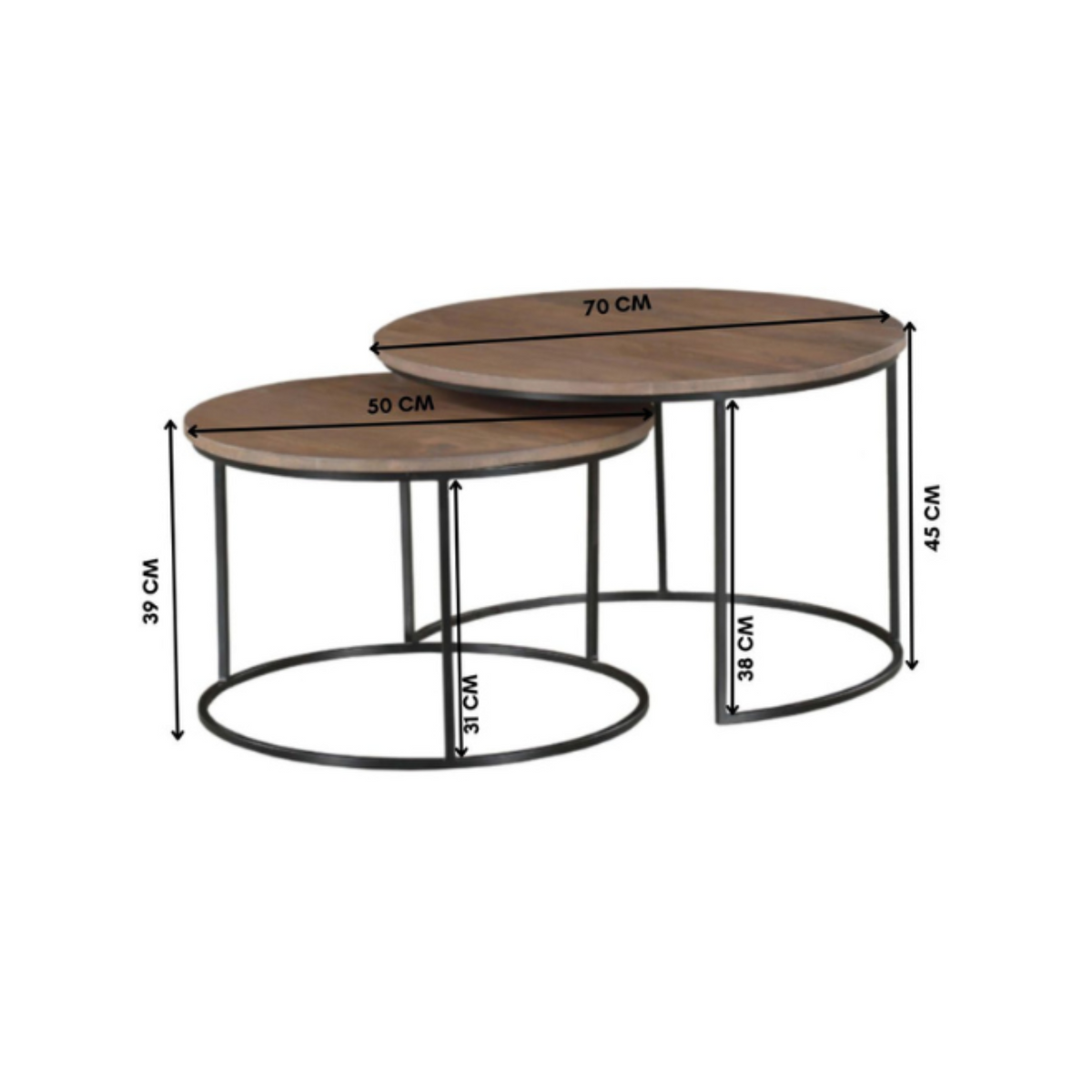 Afmetingendiagram van 3 ronde tafels met metalen onderstel en houten bladen