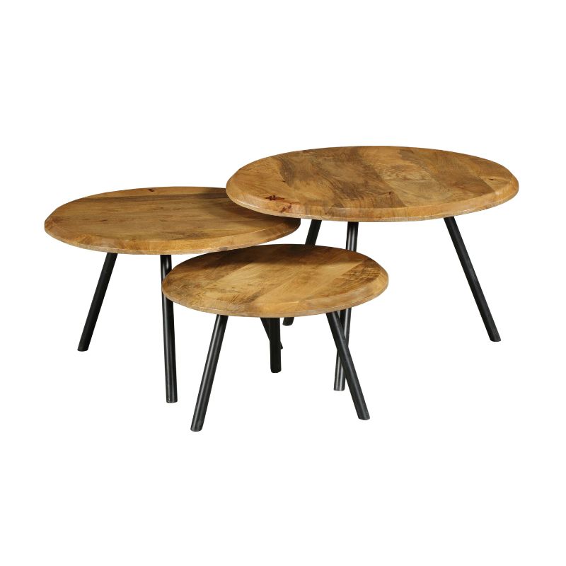 Set van 3 ronde salontafels met houtnerfbladen en zwarte poten, driehoekige opstelling