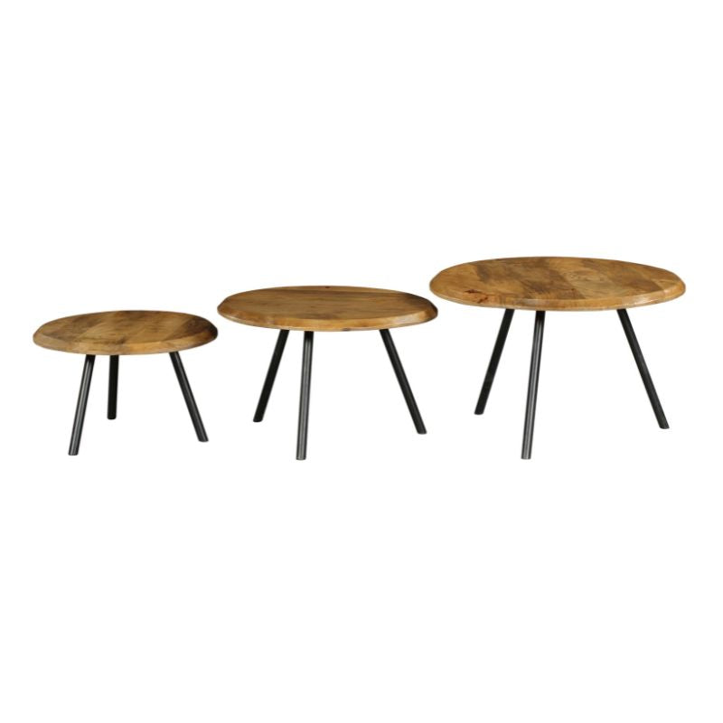 Set van 3 salontafels met ronde houten bladen van verschillende afmetingen en zwarte poten