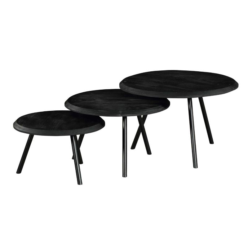 Set van 3 ronde salontafels met zwarte bladen en smalle poten