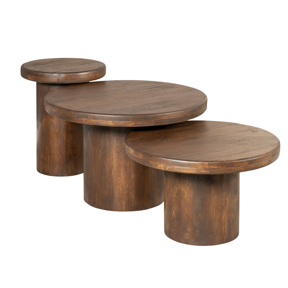 Salontafelset met drie ronde bladen van donkerbruin hout en cilindrische houten poten.