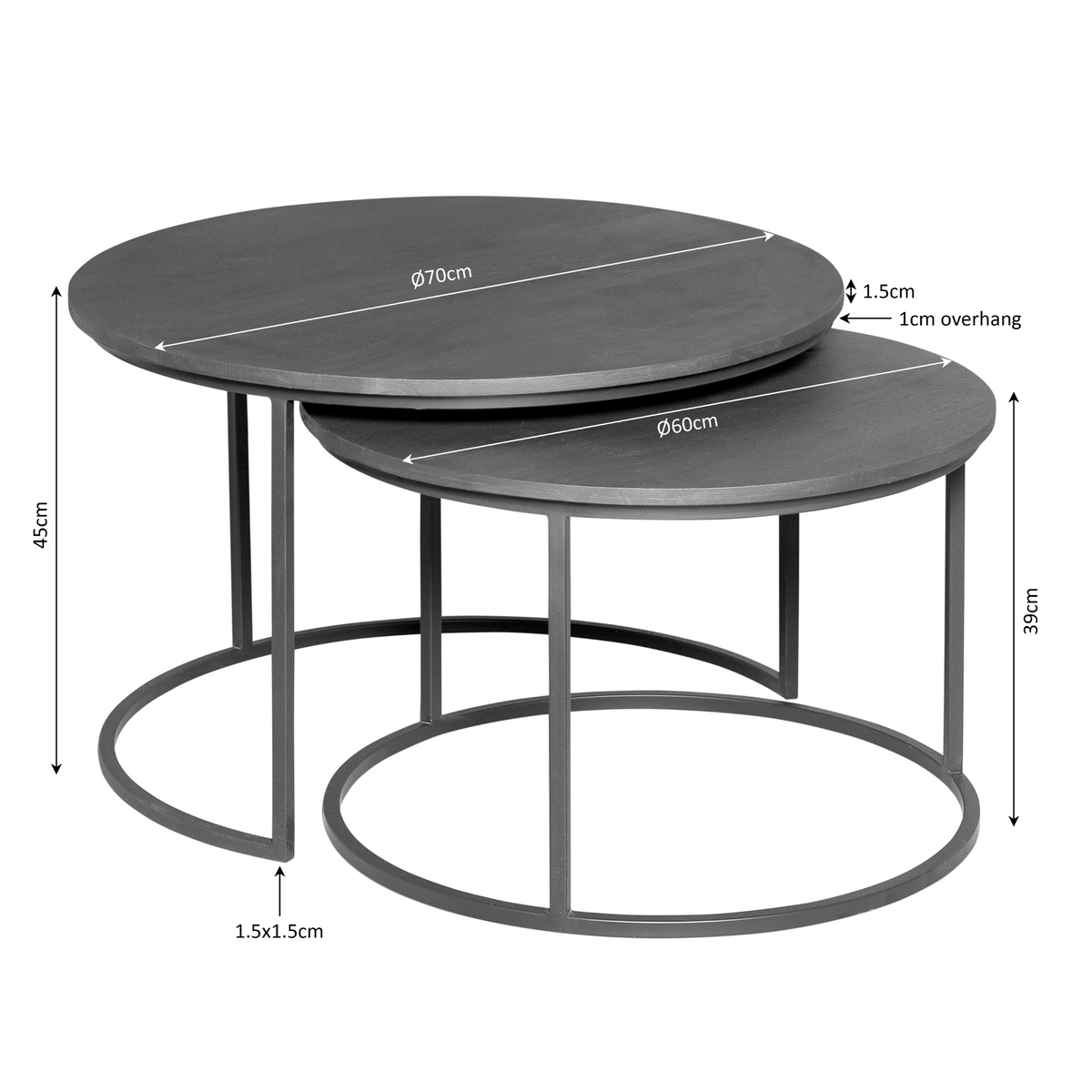 Salontafelset met twee ronde donkerbruine bladen en zwart metalen onderstel, met maatinfo