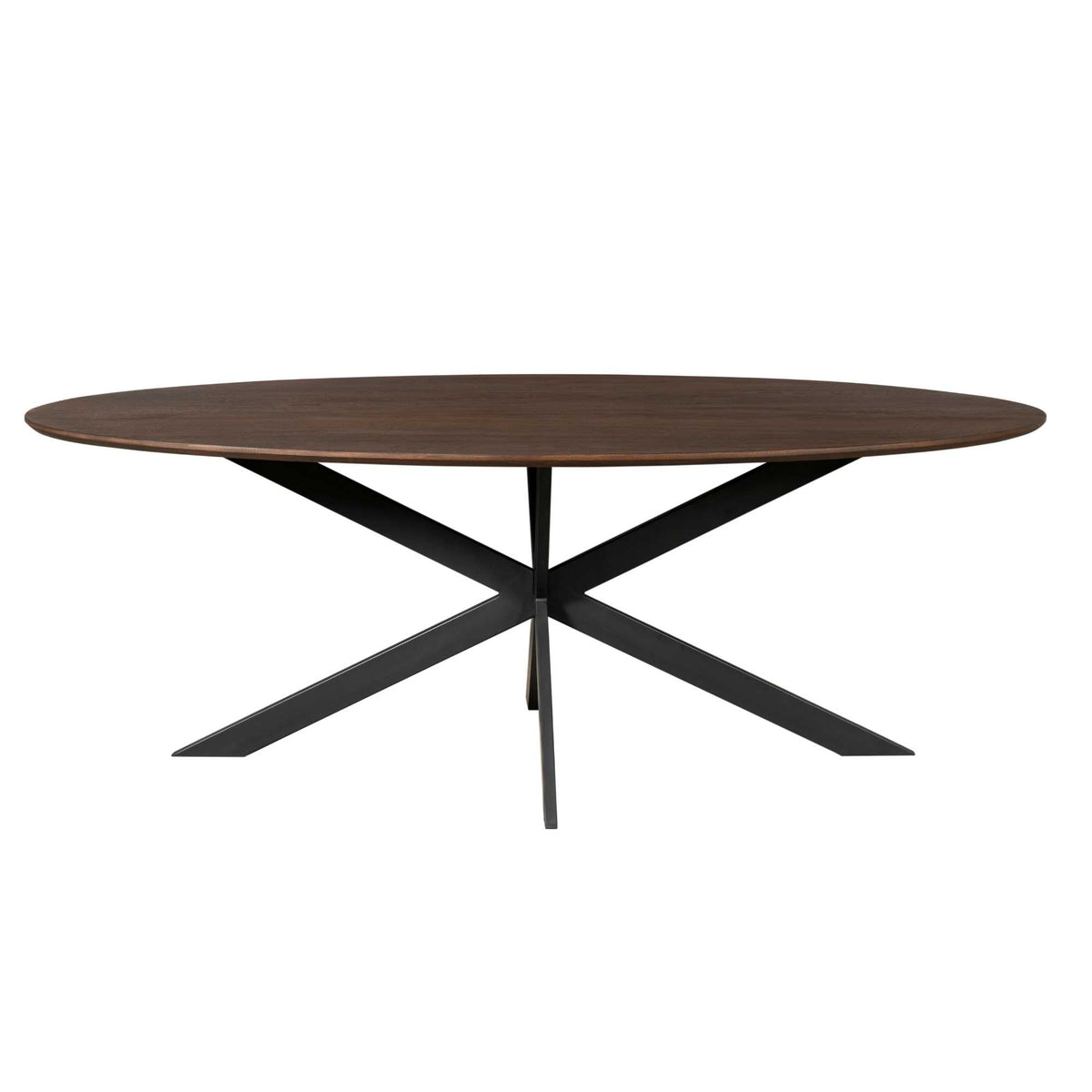 Ovale eettafel met donkerbruin blad en zwarte X-onderstel met centrale poot