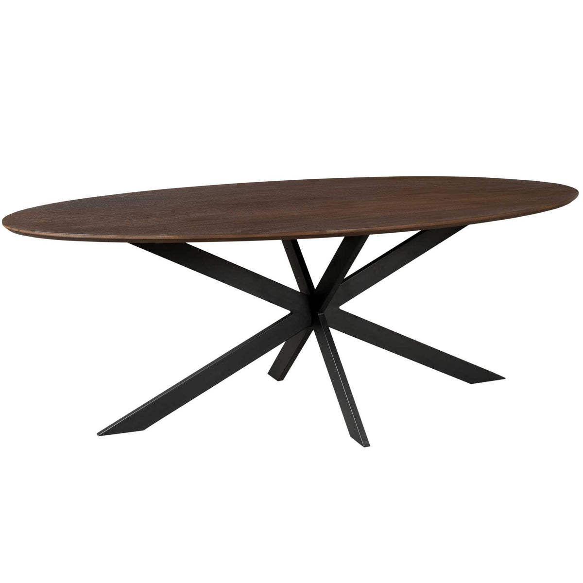 Ovale eettafel met donkerbruin houten blad en zwarte stervormige poot