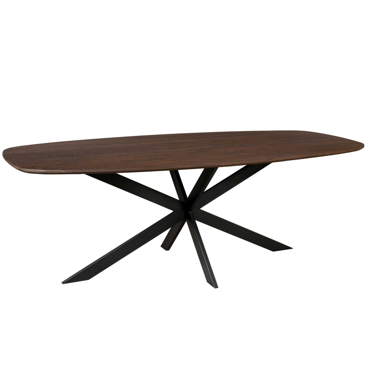 Ovale eettafel met bruin blad en zwarte kruispoten