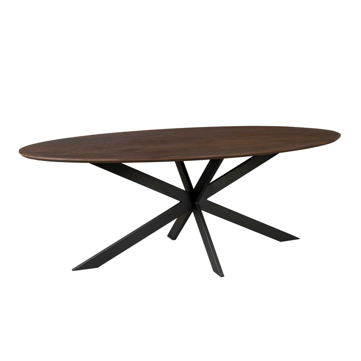 Ovale eettafel met bruine houten blad en zwarte kruisvoet, schuine pootdetails