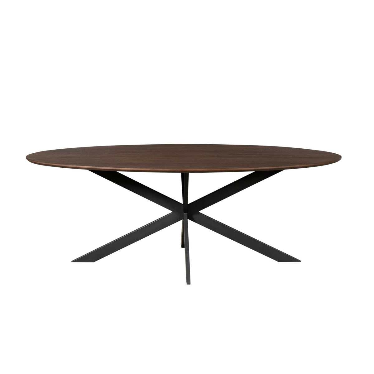 Ovale eettafel met bruin blad en zwarte onderstelpoten in X-vorm, zijdelings