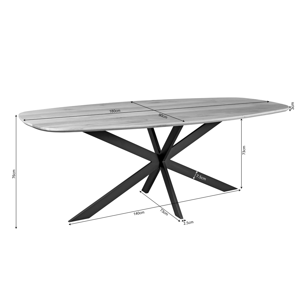 Bruine ovale eettafel, afmetingen op blad en zwart kruisframe