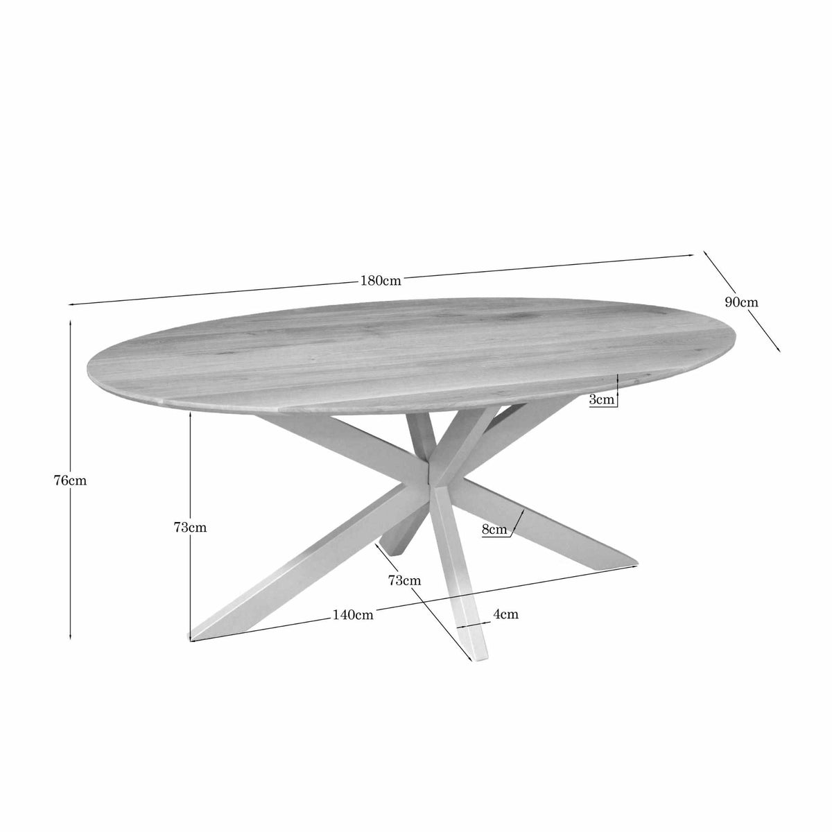 Ovale eettafel met afmetingen 180×90 cm en zandkleurig onderstel met 3 poten.