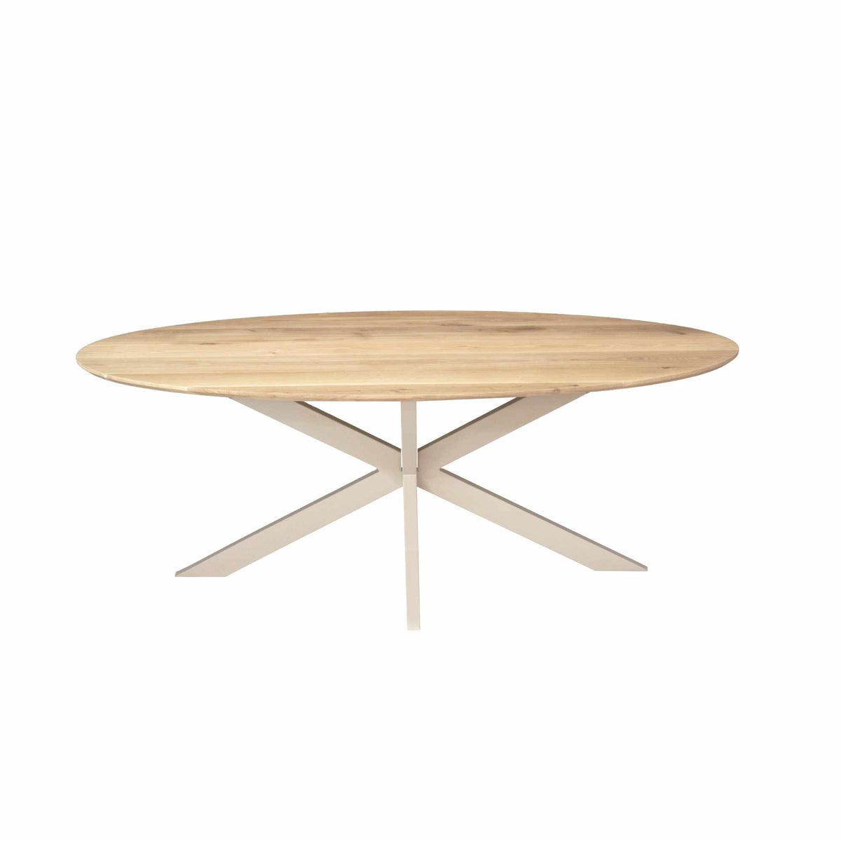 Ovale eettafel van naturel eiken met X-poten en rond tafelblad