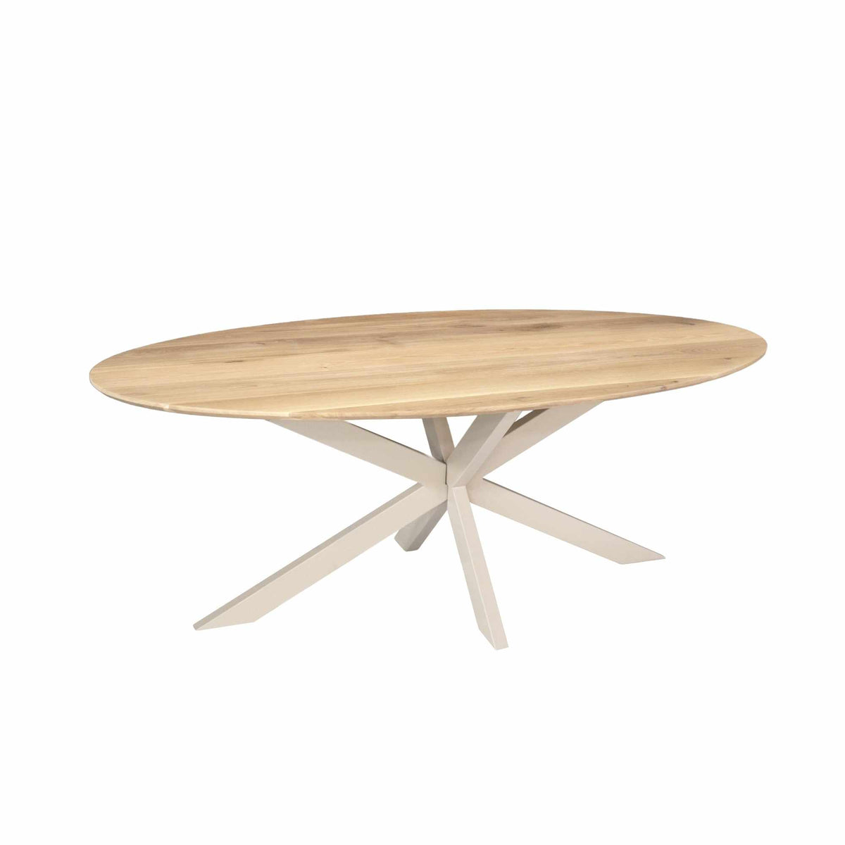Ovale eiken eettafel in naturel met kruispoot onderstel