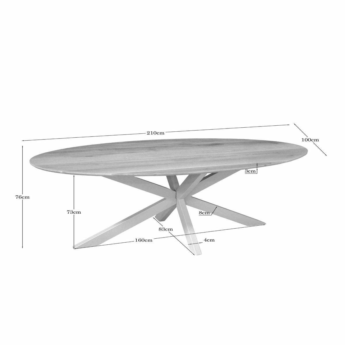 Technische tekening van ovale eiken eettafel met afmetingen 210 cm en 76 cm hoogte