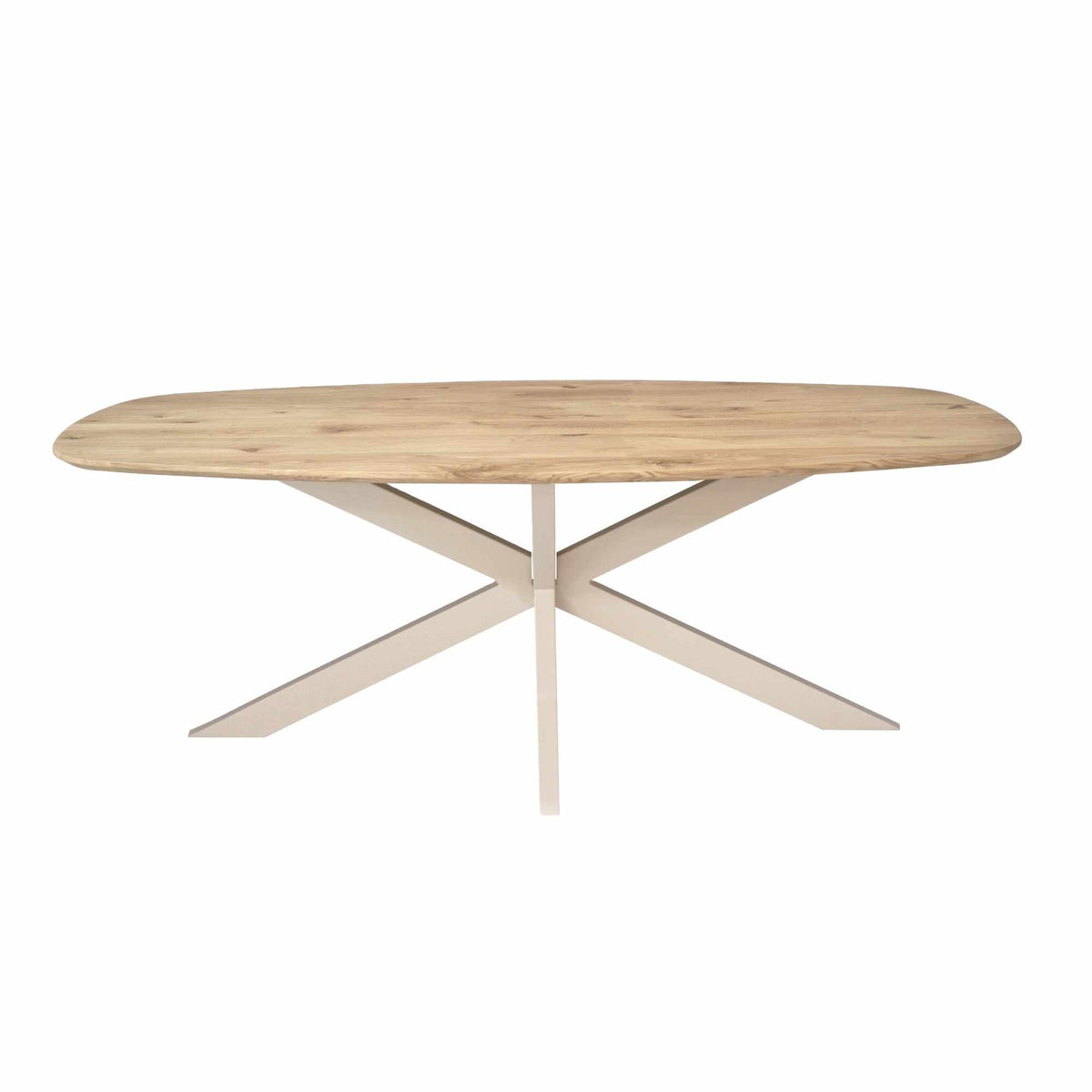 Ovale eiken eettafel met naturel blad en zandkleurige X-vormige poten