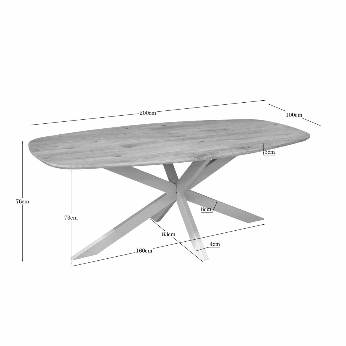 Eettafel met ovaal blad; afmetingen 200x100 cm, hoogte 76 cm