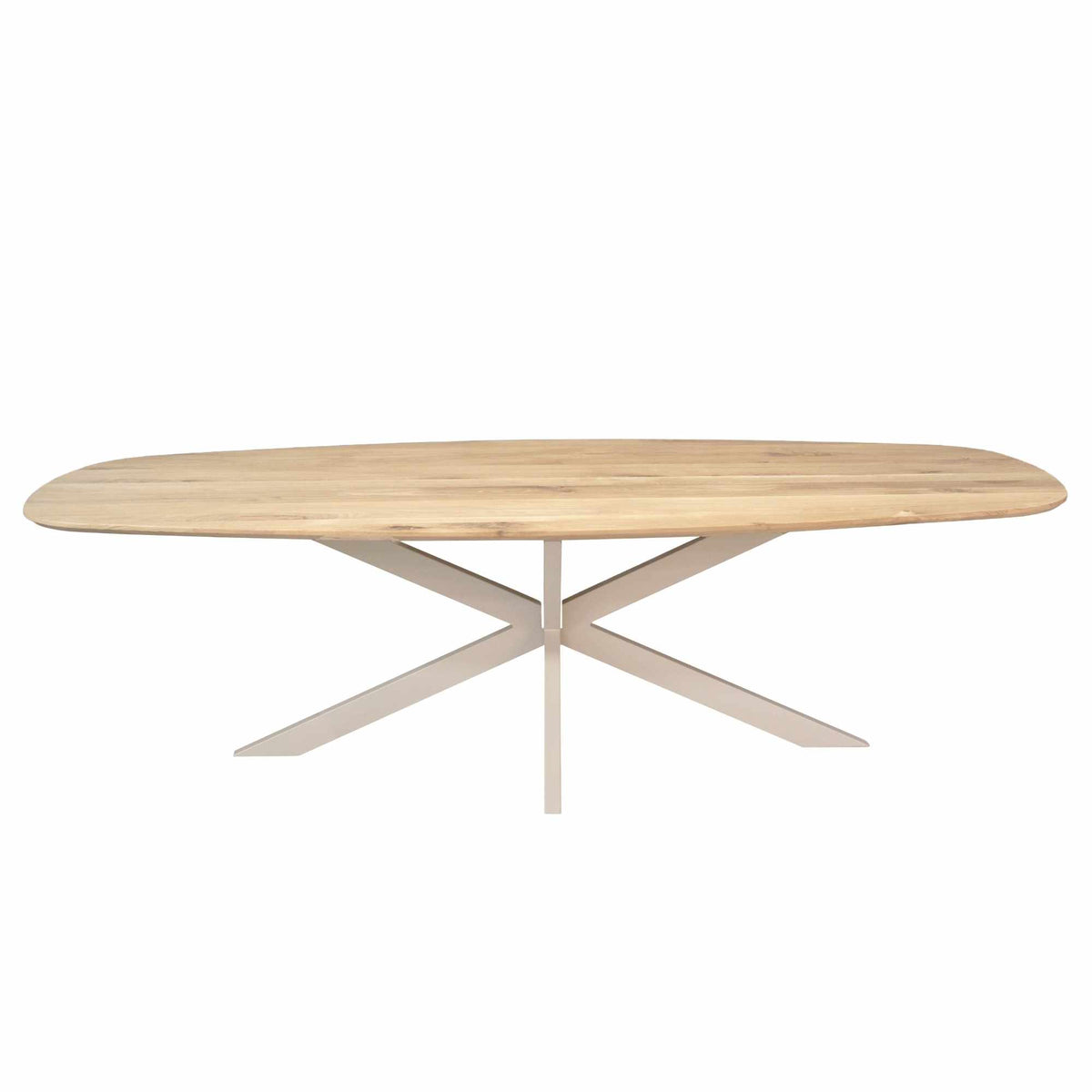 Eiken ovale eettafel, licht houten blad met zandkleurig onderstel
