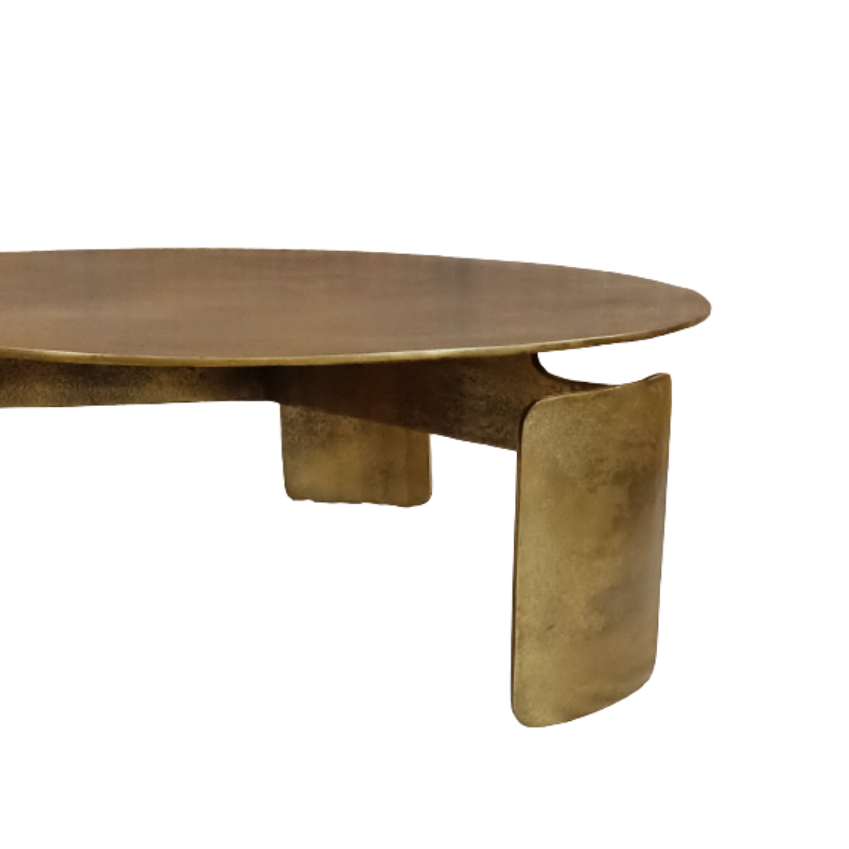 Ronde salontafel met rond metalen blad en drie goudkleurige poten vanuit zijkant