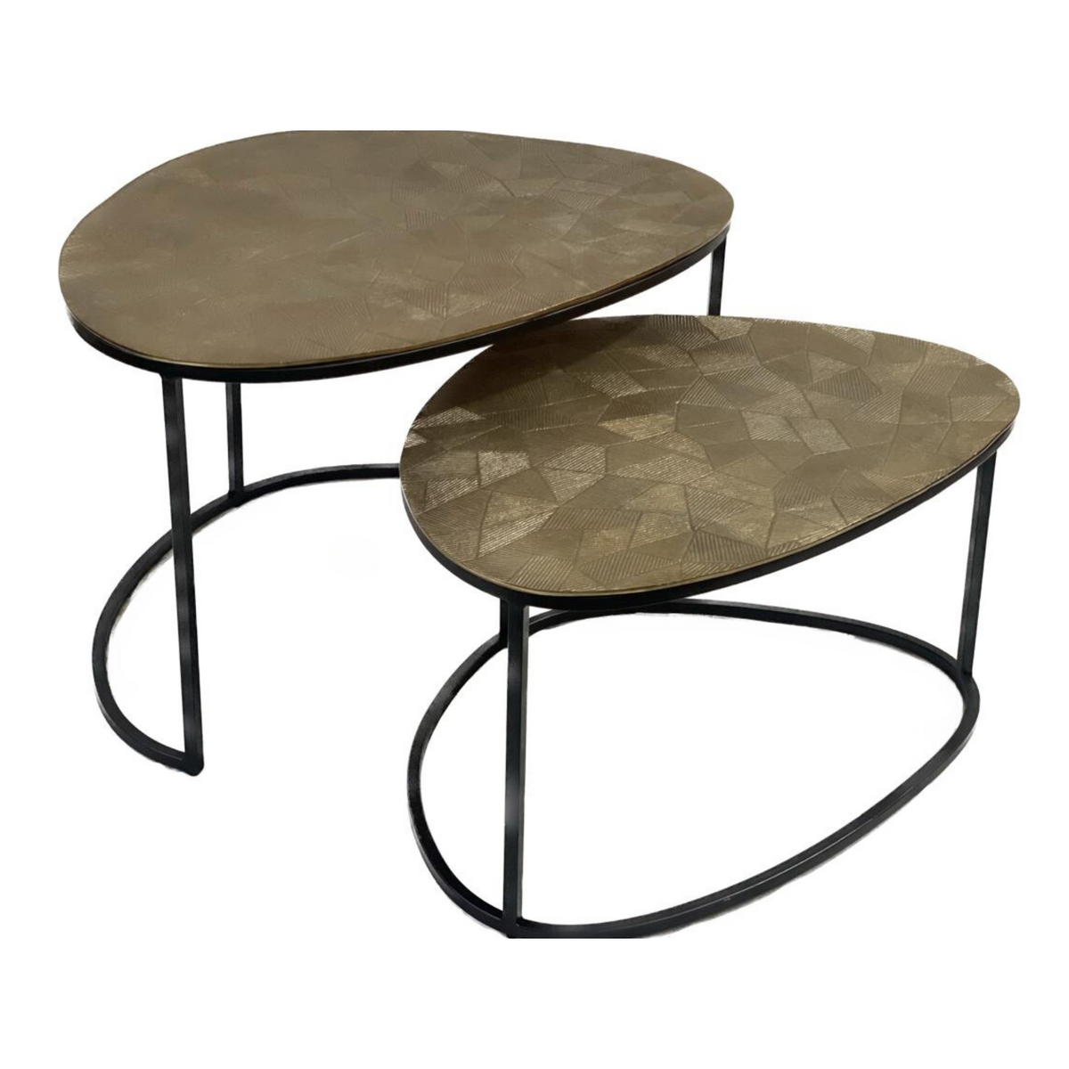 Set van 2 salontafels met ronde bronzen bladen en zwart gebogen metalen poten