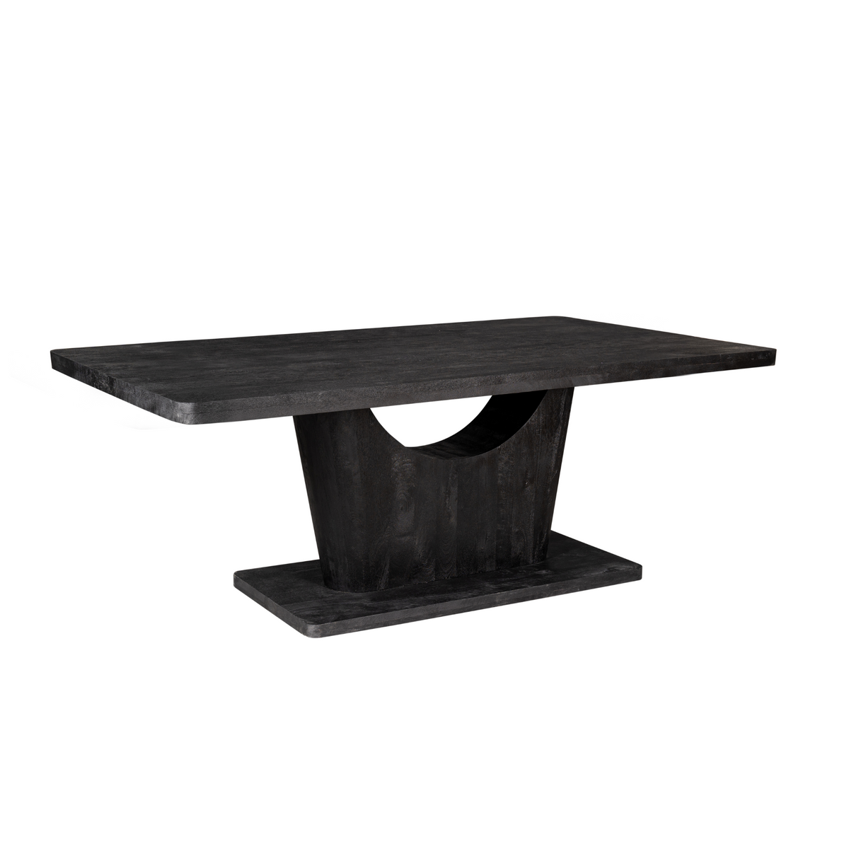Zwarte eettafel met langwerpig blad en U-vormige onderstelbasis met halfronde opening