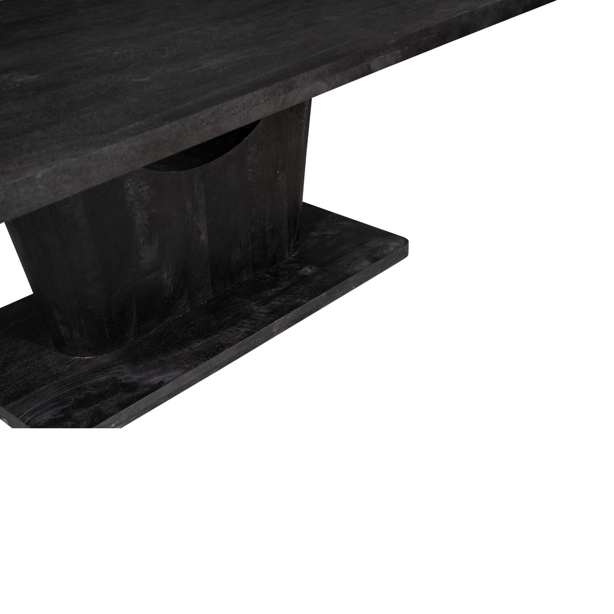 Zwarte eettafel: close-up van bladnerf en centrale poot met afgeronde uitsparing.