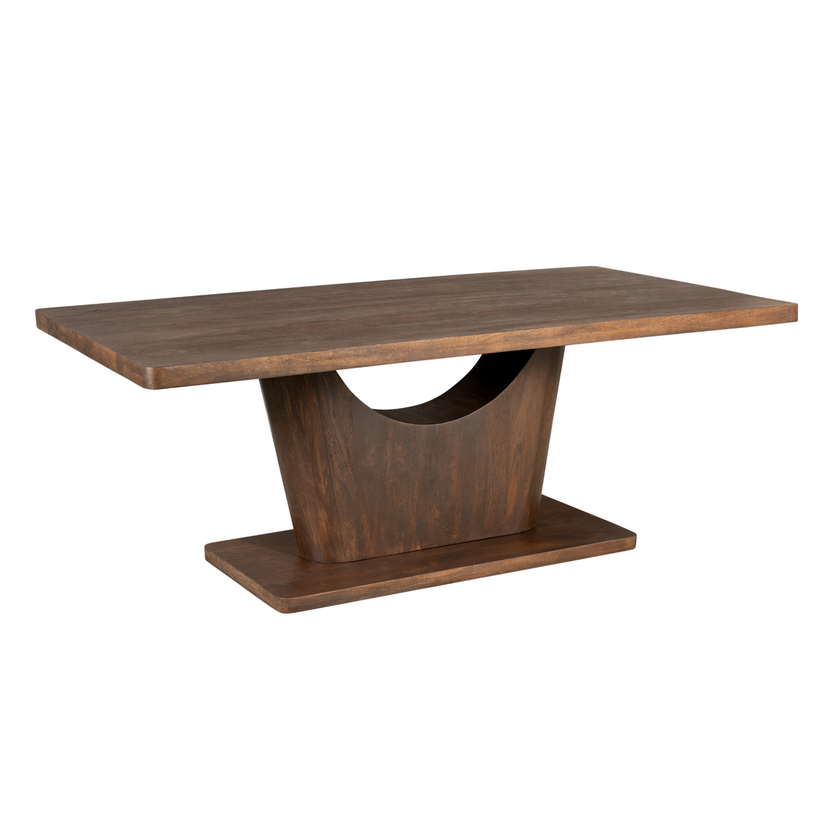Bruine houten eettafel met langwerpig blad en centrale pedestal-voet