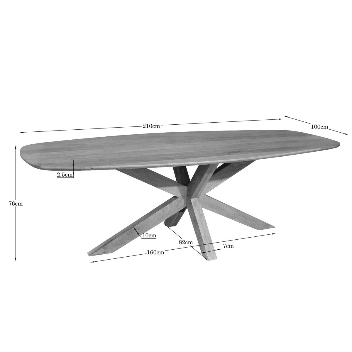 Ovale houten eettafel met afmetingen: 210 cm lengte en 76 cm hoogte