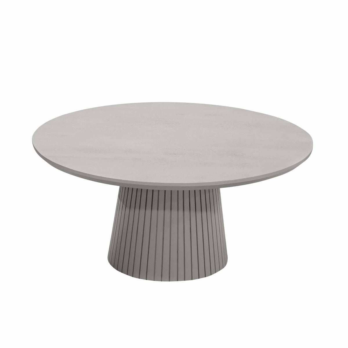 Ronde salontafel Solana taupe, zijaanzicht van geribde cilindervoet onder blad.