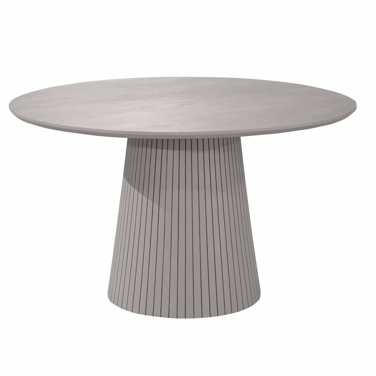 Ronde eettafel met taupe blad en sculptuurvormige, gestreepte voet.