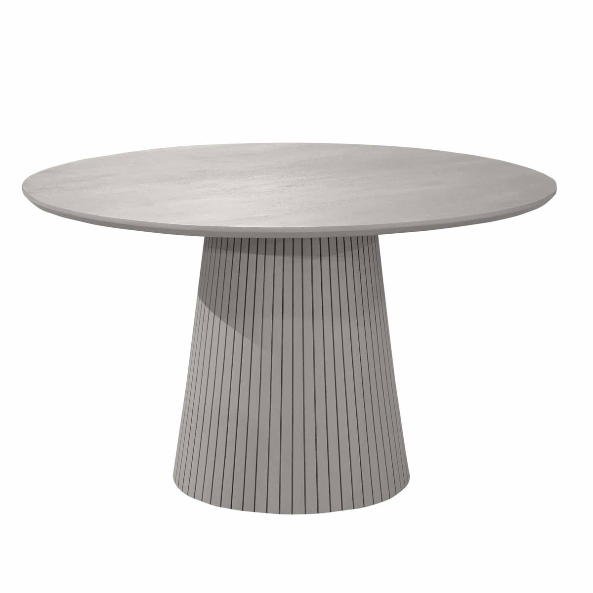 Ronde eettafel met taupekleurig blad en conische poot met verticale groeven